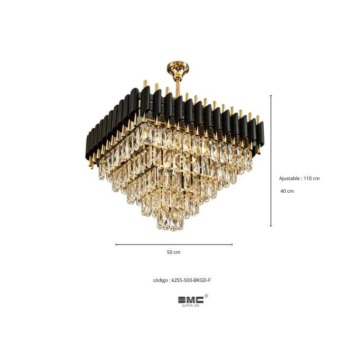 Lustre Cristal Cuadrado Negro +Dorado