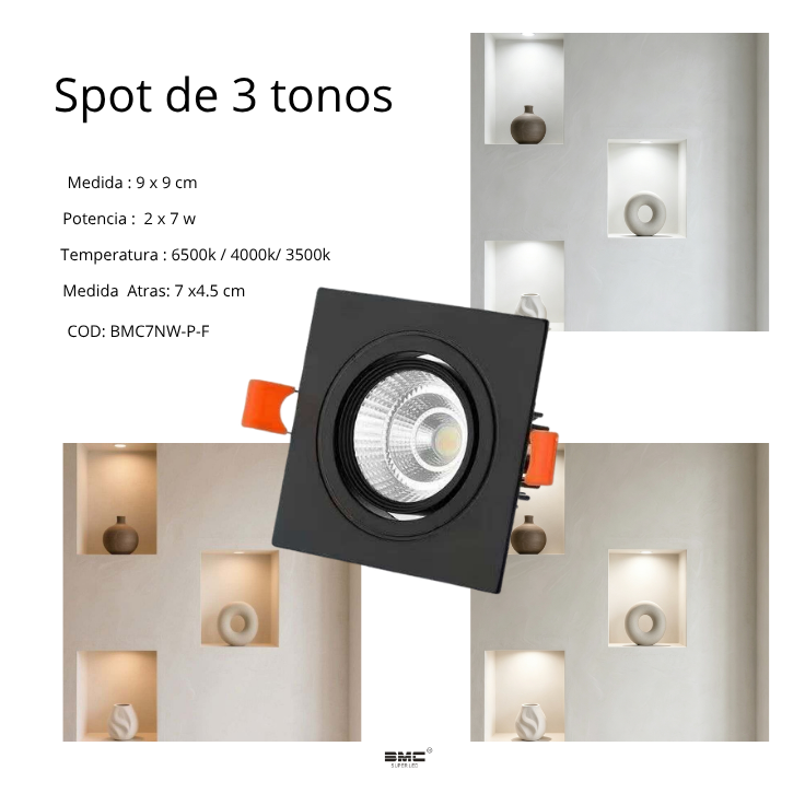 Spot Led Cuadrado Negro 7W 3 tonos
