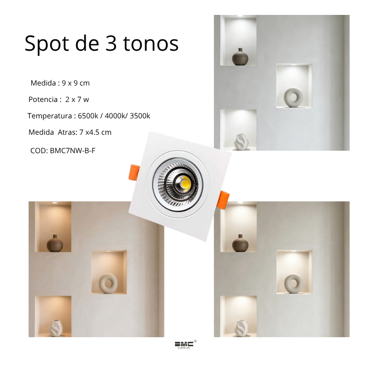 spot Led Cuadrado negro 7W 3 tonos