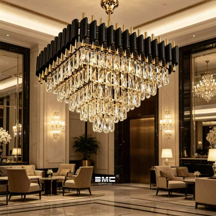 Lustre Cristal Cuadrado Negro +Dorado