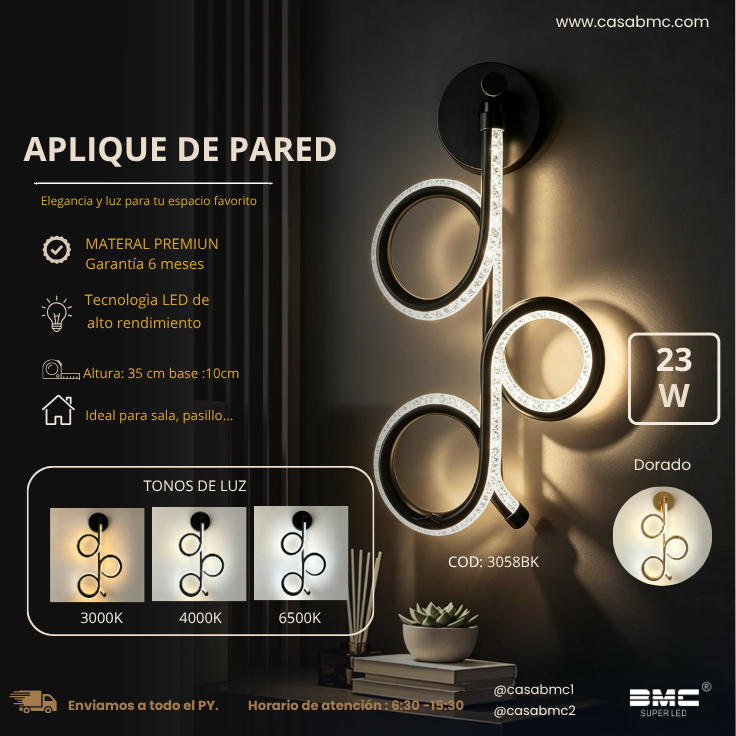 Aplique De Pared Led Negro 3 tonos