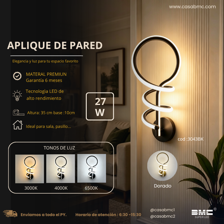 Aplique De Pared Led Negro 3 tonos