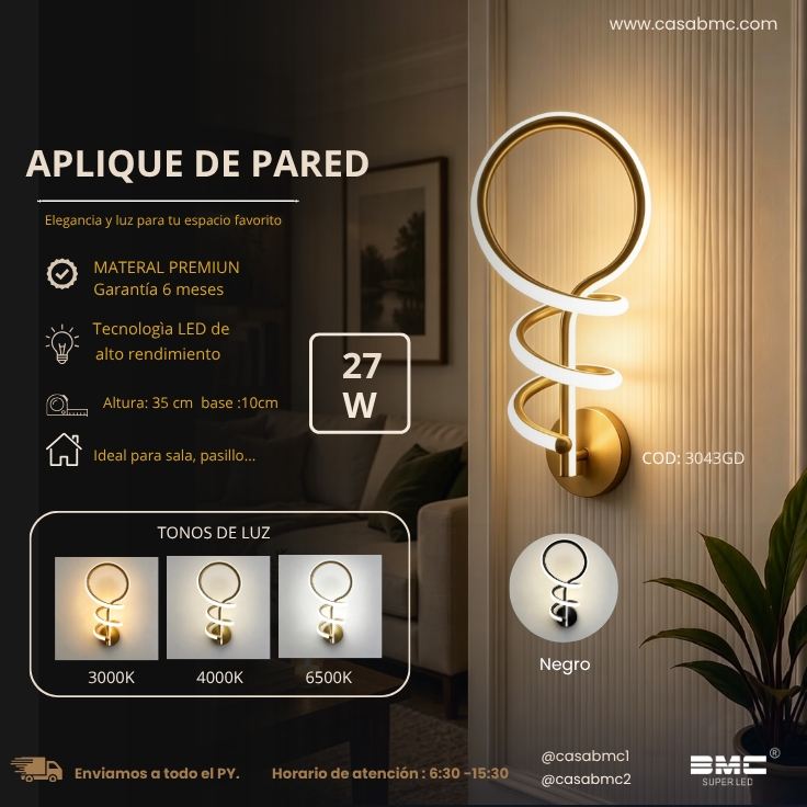 Aplique De Pared Led Dorado 3 tonos